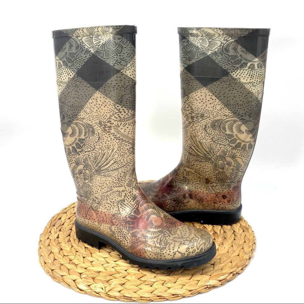 BURBERRY NOVA CHECK BEIGE PLAID LONG HIGH RAIN RUBBER WATER BOOTS SHOES LADIES 5